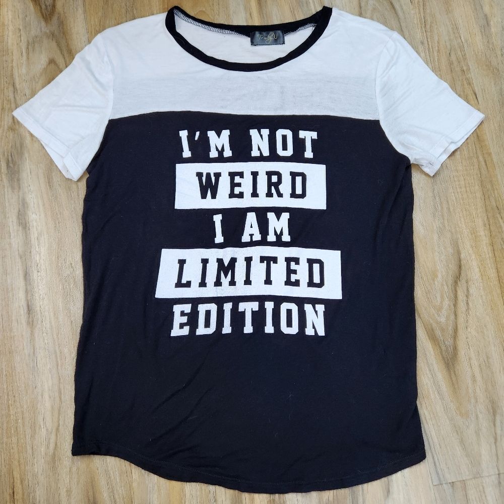 💜Truly U Black & White "I'm Not Weird I'm Limited Edition" Rayon Top Large